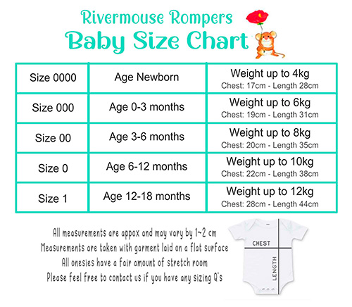 Rivermouse House baby bodysuit size chart