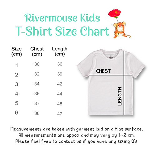 Rivermouse House toddler kids Tshirt size chart