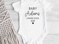 Coming Soon pregnancy announcement, Personalised newborn baby reveal onesie