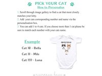 Protected by cats baby bodysuit, Personalised pick your kitty, Choose from 192 cute cat variations