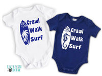 Crawl Walk Surf baby bodysuit, Aussie beach babe outfit with 2 custom surfboard designs 