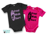 Crawl Walk Surf baby bodysuit, Aussie beach babe outfit with 2 custom surfboard designs 