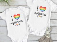 Gay Pride Baby Bodysuit I Love my Mummies, Daddies, Aunties, Uncles Rainbow Heart Design