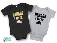 Beware I Bite Funny First Halloween Baby Bodysuit
