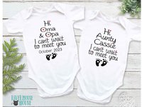 Hi I can't wait to meet you baby pregnancy announcement onesie, personalised to suit your family & friends
