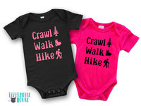 Crawl Walk Hike baby bodysuit, Aussie bush walking kids onesie