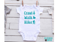 Crawl Walk Hike baby bodysuit, Aussie bush walking kids onesie