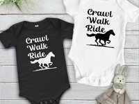 Crawl Walk Ride horse baby bodysuit, Australian brumby kids onesie, custom horse lovers gift