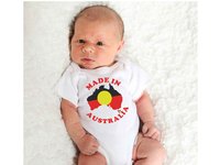 Made in Australia baby bodysuit, choose from Australian and Aboriginal flag designs, custom Aussie kids onesie