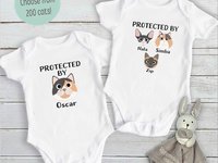 Protected by cats baby bodysuit, Personalised pick your kitty, Choose from 192 cute cat variations