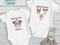 Protected by dogs baby bodysuit, Personalised pick your pooch, Choose from 55 breeds + 288 dog variations
