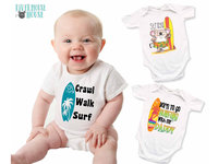 Crawl Walk Surf baby bodysuit, Aussie beach babe outfit with 2 custom surfboard designs 