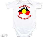 Made in Australia baby bodysuit, choose from Australian and Aboriginal flag designs, custom Aussie kids onesie
