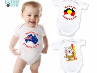 Made in Australia baby bodysuit, choose from Australian and Aboriginal flag designs, custom Aussie kids onesie