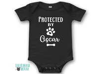 Protected by Dog Baby Bodysuit, Personalised Pet Name Romper