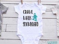 Crawl Walk Snowboard Baby Bodysuit, Winter Snow Sports Romper, Australian Kids Sizes Newborn to Toddler