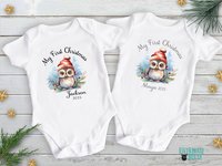 First Christmas Owl Custom Personalised Baby Bodysuit 2024