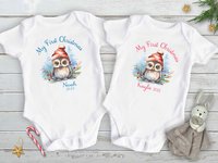 First Christmas Owl Custom Personalised Baby Bodysuit 2024