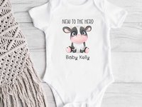 Baby cow personalised bodysuit, New to the Herd farm kids romper