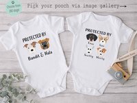 Protected by dogs baby bodysuit, Personalised pick your pooch, Choose from 55 breeds + 288 dog variations