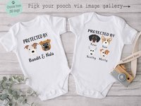 Protected by dogs baby bodysuit, Personalised pick your pooch, Choose from 55 breeds + 280 dog variations