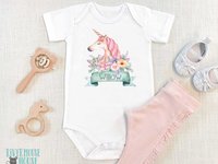 Personalised unicorn baby girl bodysuit, Pretty floral custom design, Size newborn to toddler onesie