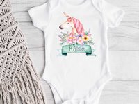 Personalised unicorn baby girl bodysuit, Pretty floral custom design, Size newborn to toddler onesie