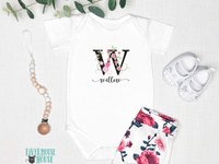 Baby girl personalised name bodysuit, Floral alphabet custom letter with pink flowers design