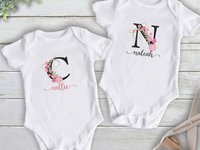 Baby girl personalised name bodysuit, Floral alphabet custom letter with pink flowers design