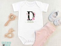 Baby girl personalised name bodysuit, Floral alphabet custom letter with pink flowers design