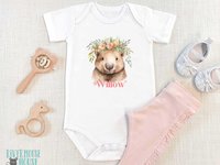 Personalised Wombat Baby Bodysuit, Cute Aussie Animal with Floral Crown