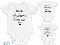 Coming Soon pregnancy announcement, Personalised newborn baby reveal onesie