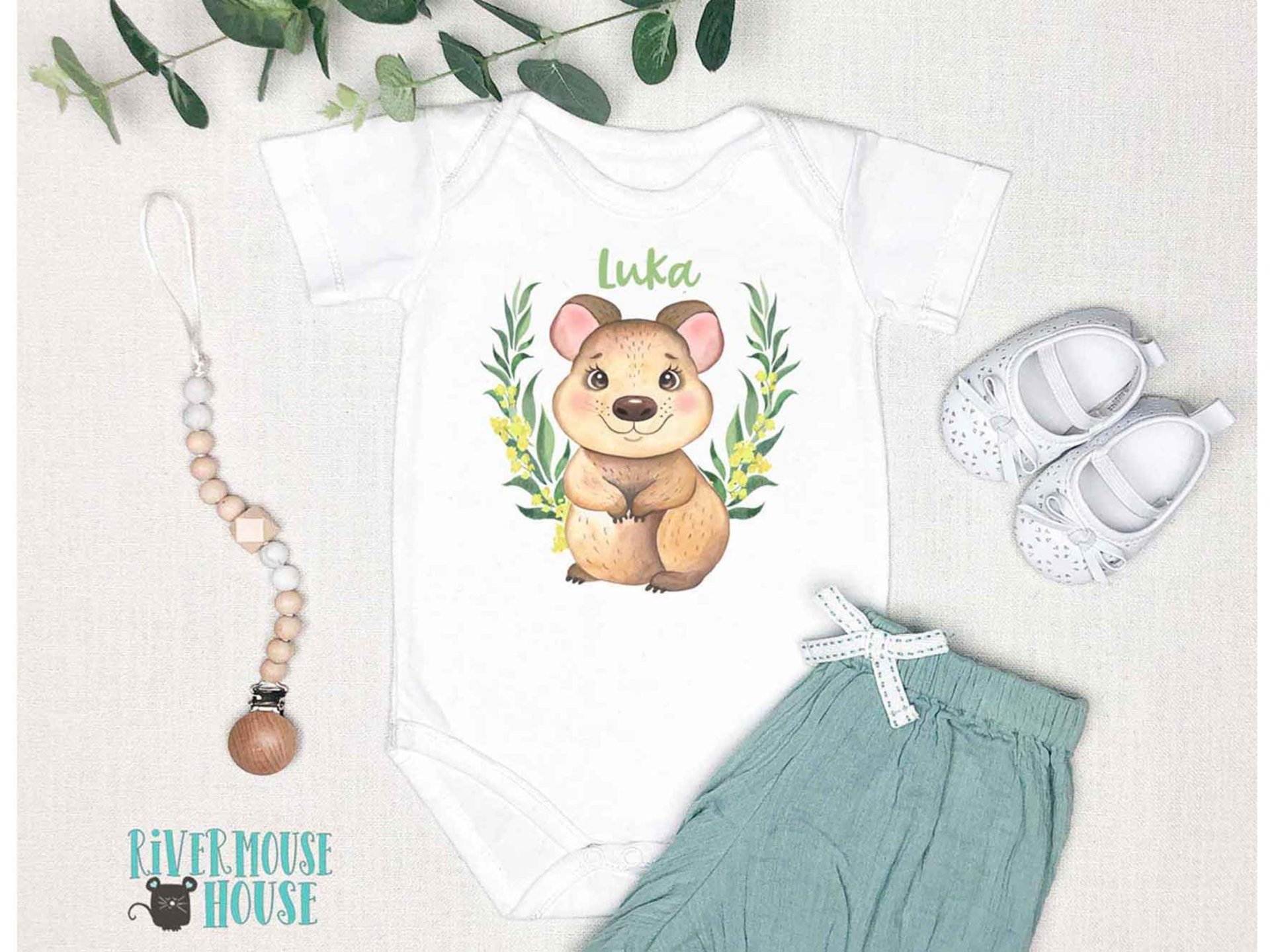 Baby Quokka personalised bodysuit, custom design native Australian wildlife onesie, cute animal lovers gift 
