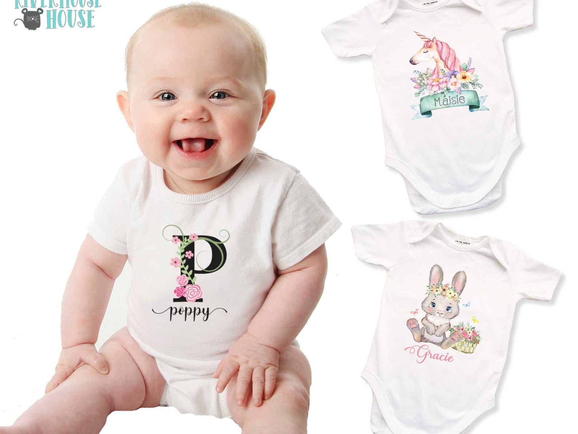 Baby girl personalised name bodysuit, Floral alphabet custom letter with pink flowers design