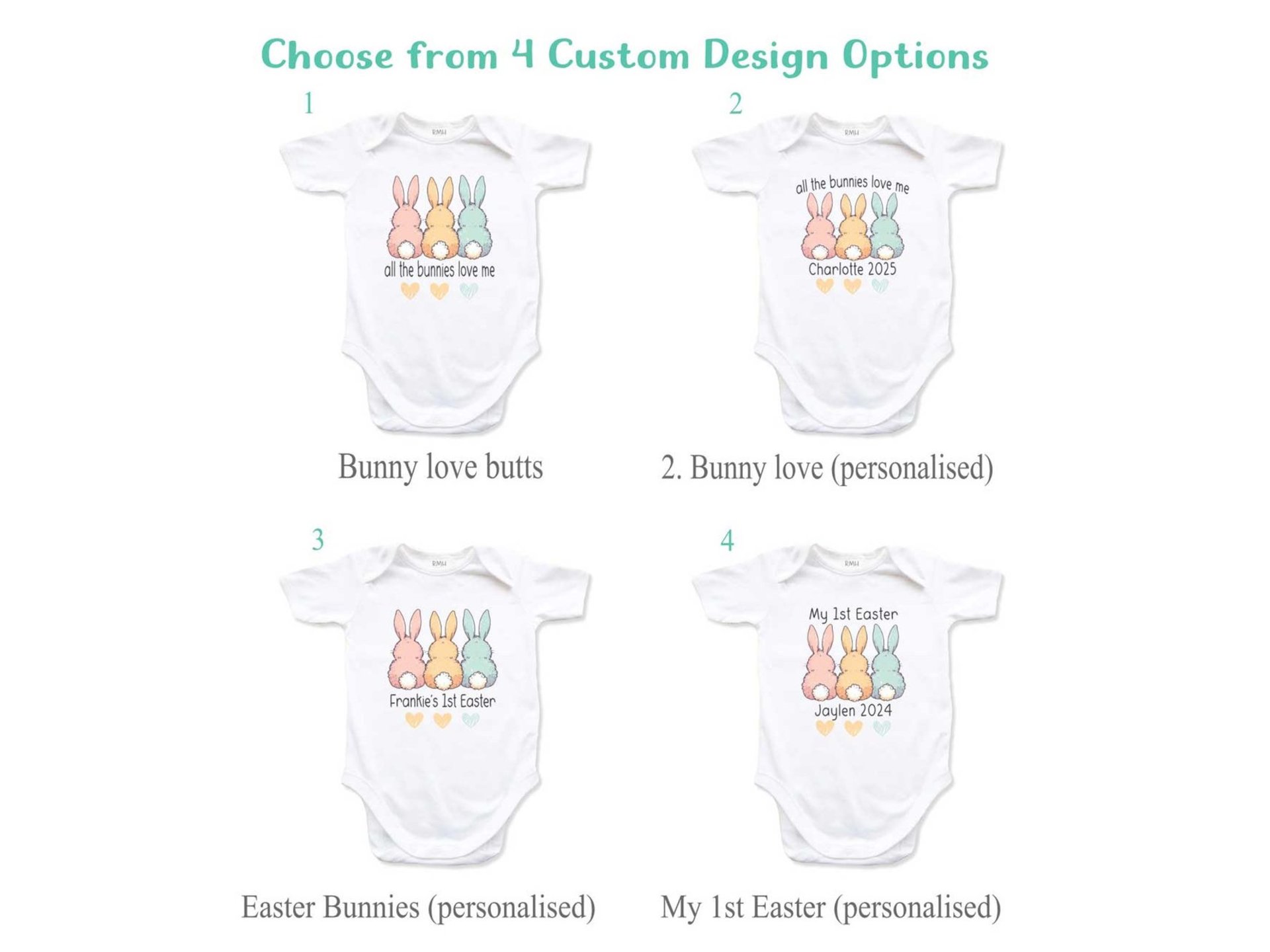 All the bunnies love me personalised baby bodysuit, My 1st Easter bunny butt outfit, Choose from 4 cute designs