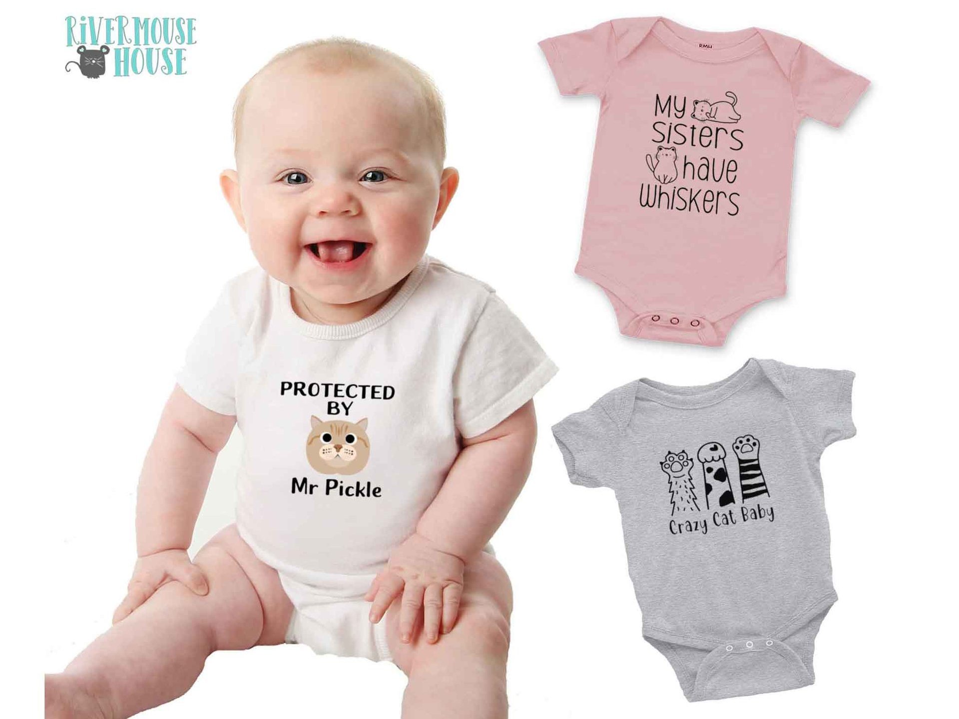 Protected by cats baby bodysuit, Personalised pick your kitty, Choose from 192 cute cat variations