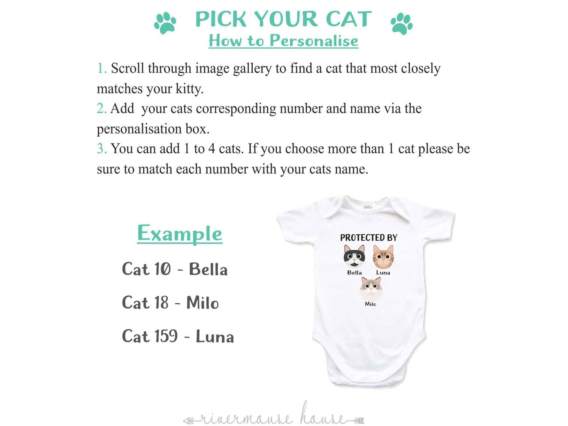 Protected by cats baby bodysuit, Personalised pick your kitty, Choose from 192 cute cat variations