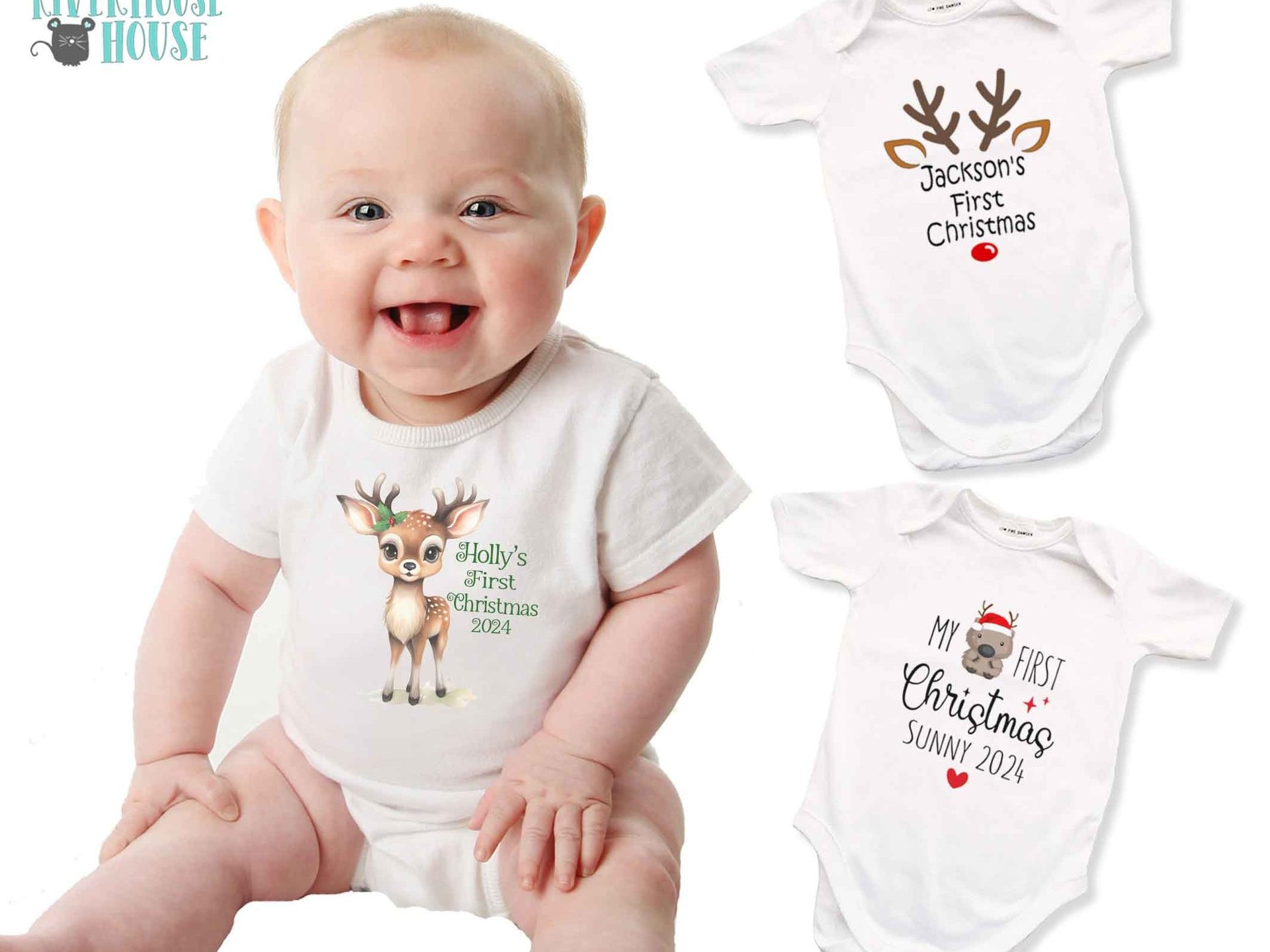 First Christmas baby reindeer personalised bodysuit 2024