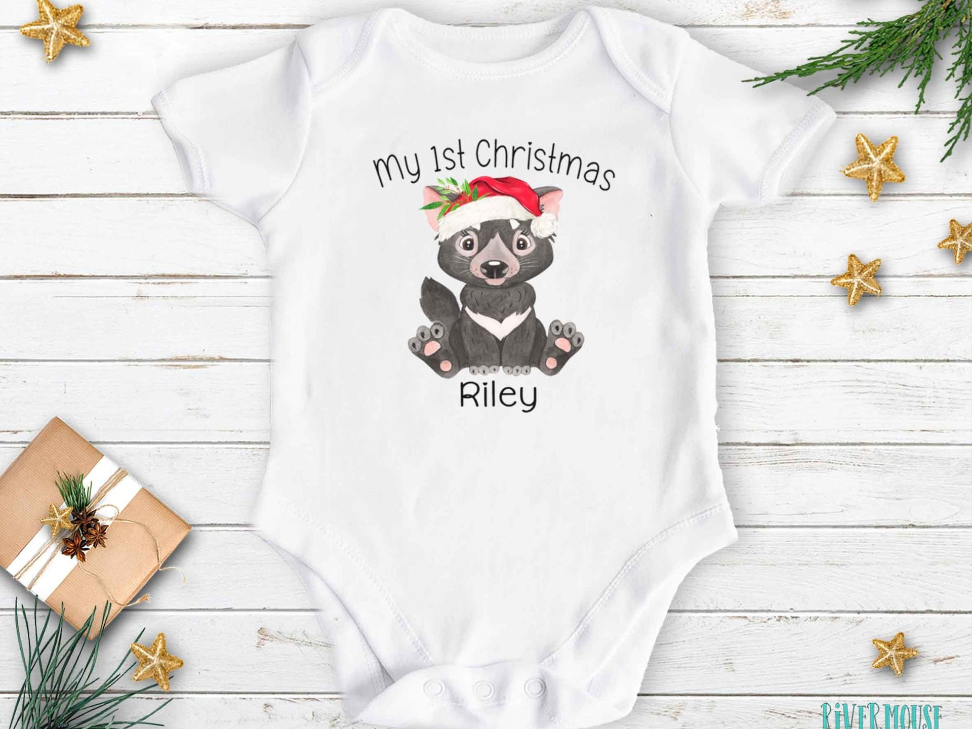 Tassie Devil First Christmas personalised baby bodysuit, Cute Australian animals Xmas gift