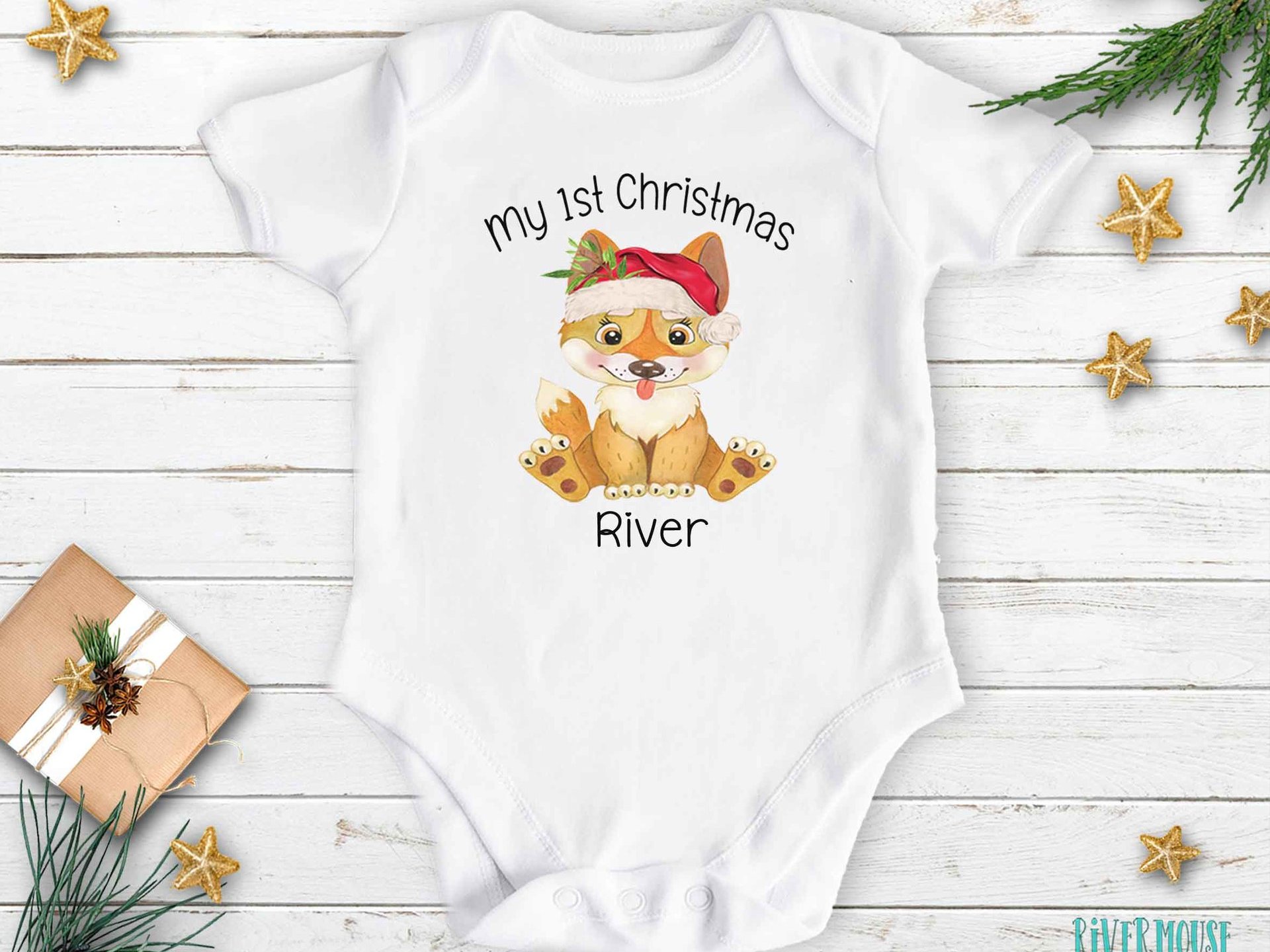 Baby Dingo First Christmas personalised bodysuit, Cute Australian animals Xmas gift, Size newborn to toddler little Aussie kids romper