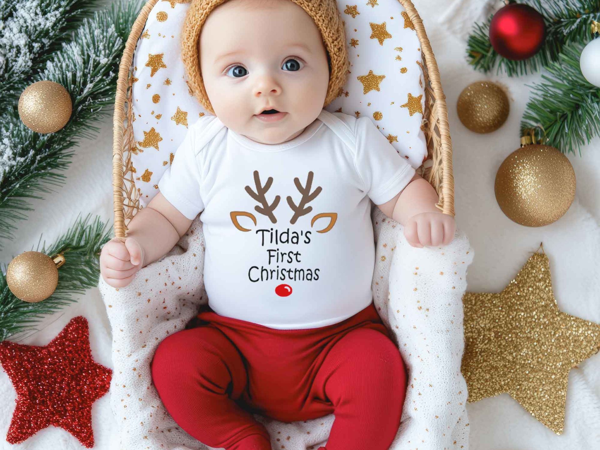 Personalised First Christmas Rudolf Reindeer Baby Bodysuit