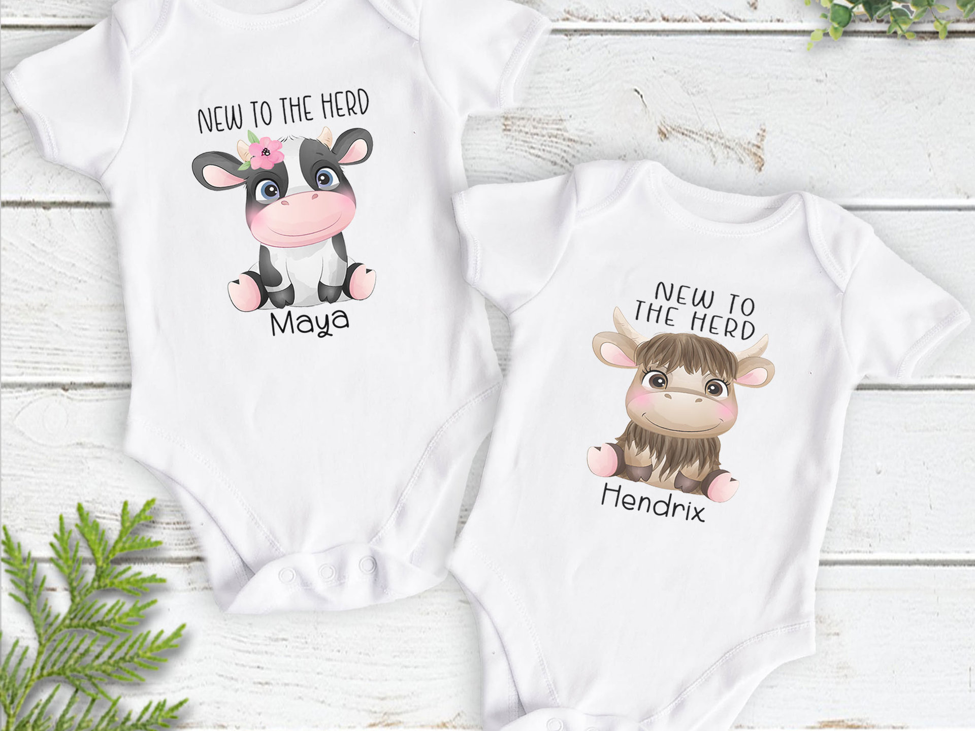 Baby cow personalised bodysuit, New to the Herd farm kids romper