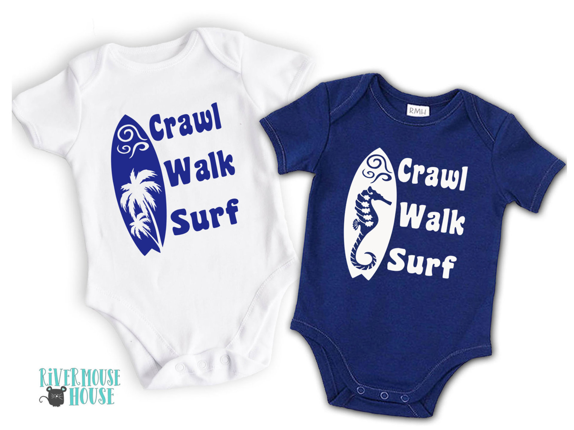 Crawl Walk Surf baby bodysuit, Aussie beach babe outfit with 2 custom surfboard designs 