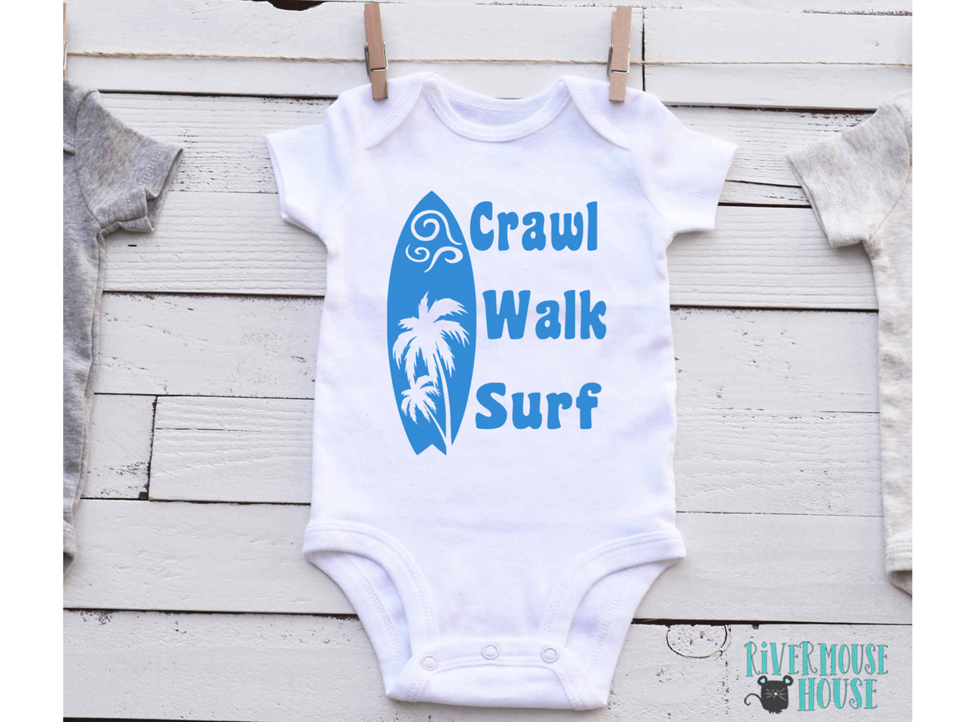 Crawl Walk Surf baby bodysuit, Aussie beach babe outfit with 2 custom surfboard designs 