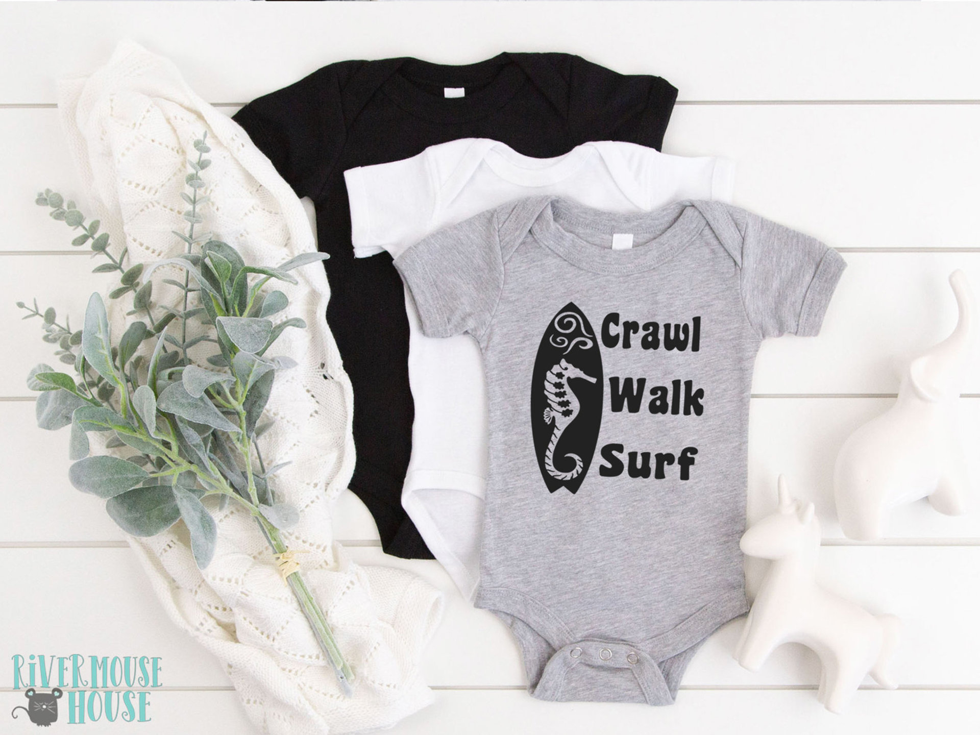 Crawl Walk Surf baby bodysuit, Aussie beach babe outfit with 2 custom surfboard designs 