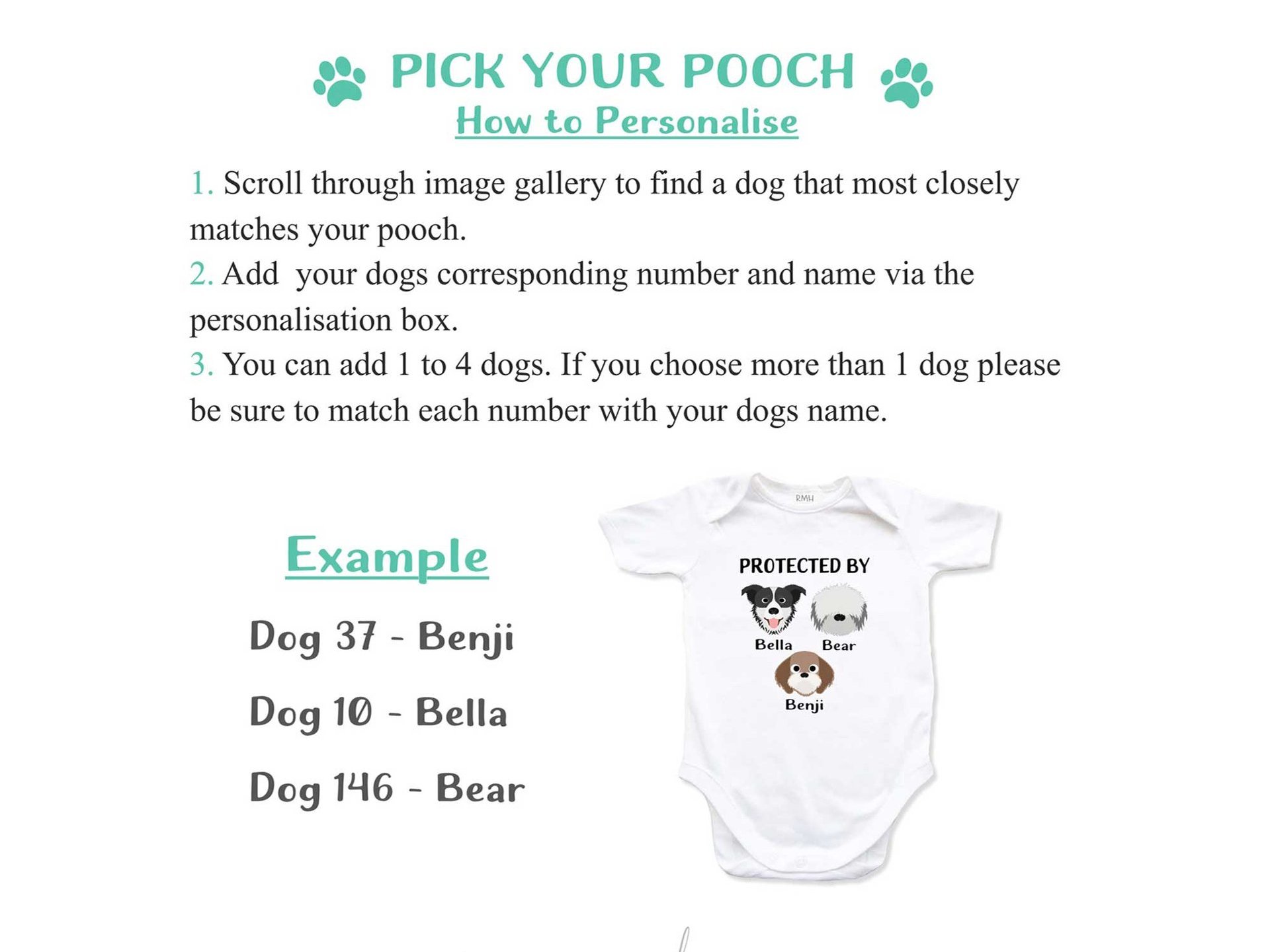Protected by dogs baby bodysuit, Personalised pick your pooch, Choose from 55 breeds + 288 dog variations