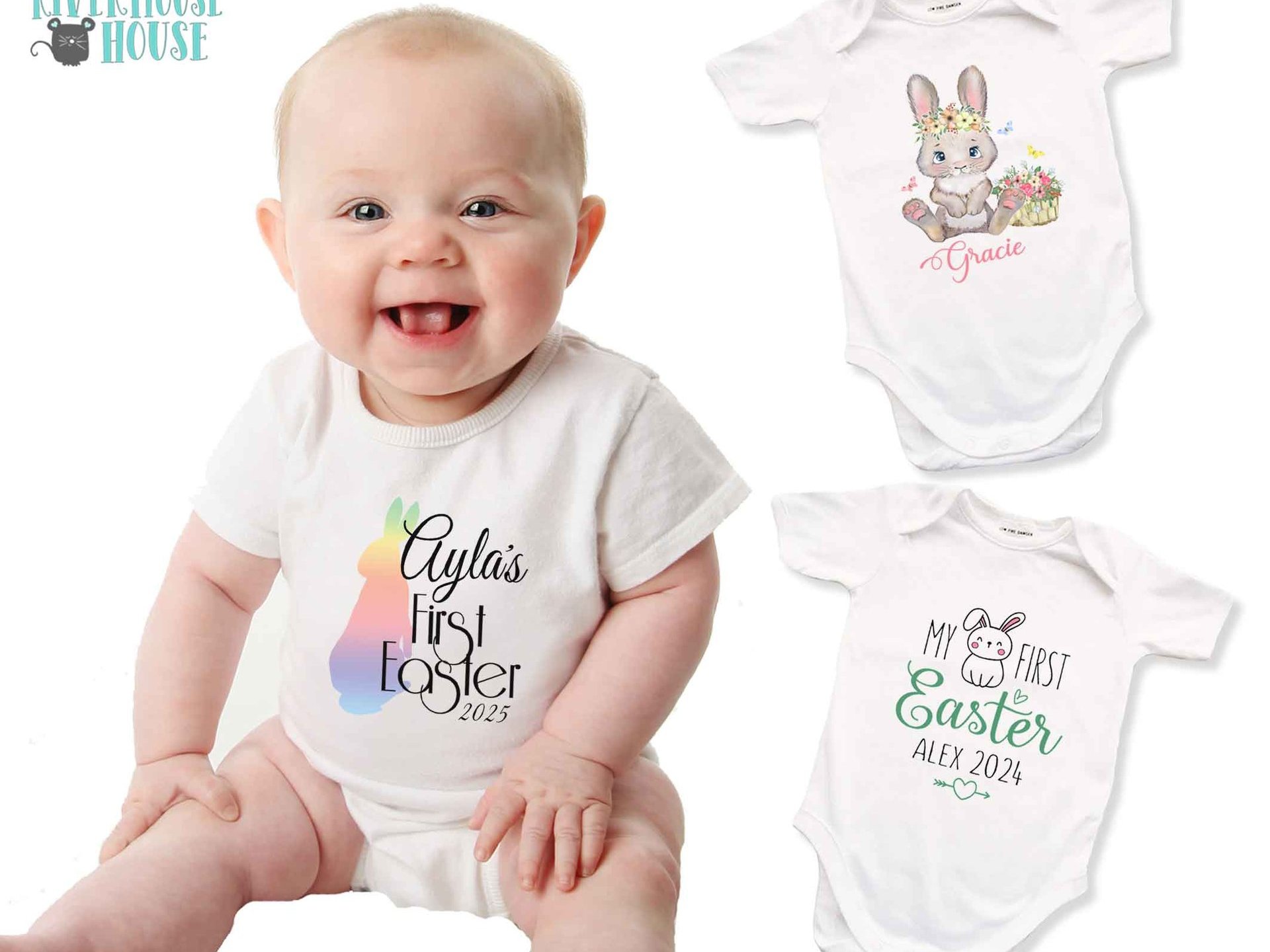 Baby's first Easter 2025 personalised bunny onesie with bubs name & year 