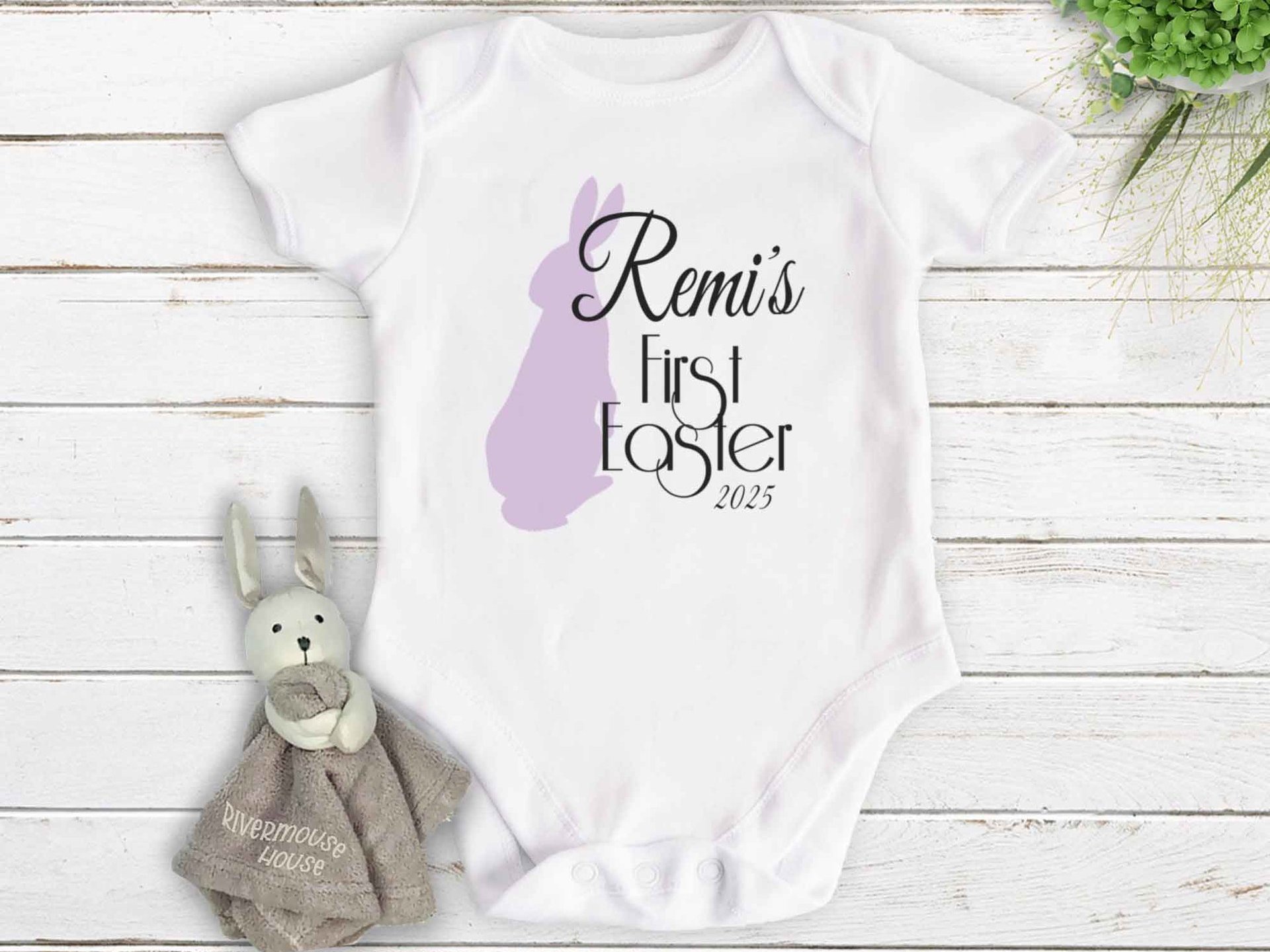 Baby's first Easter 2025 personalised bunny onesie with bubs name & year 