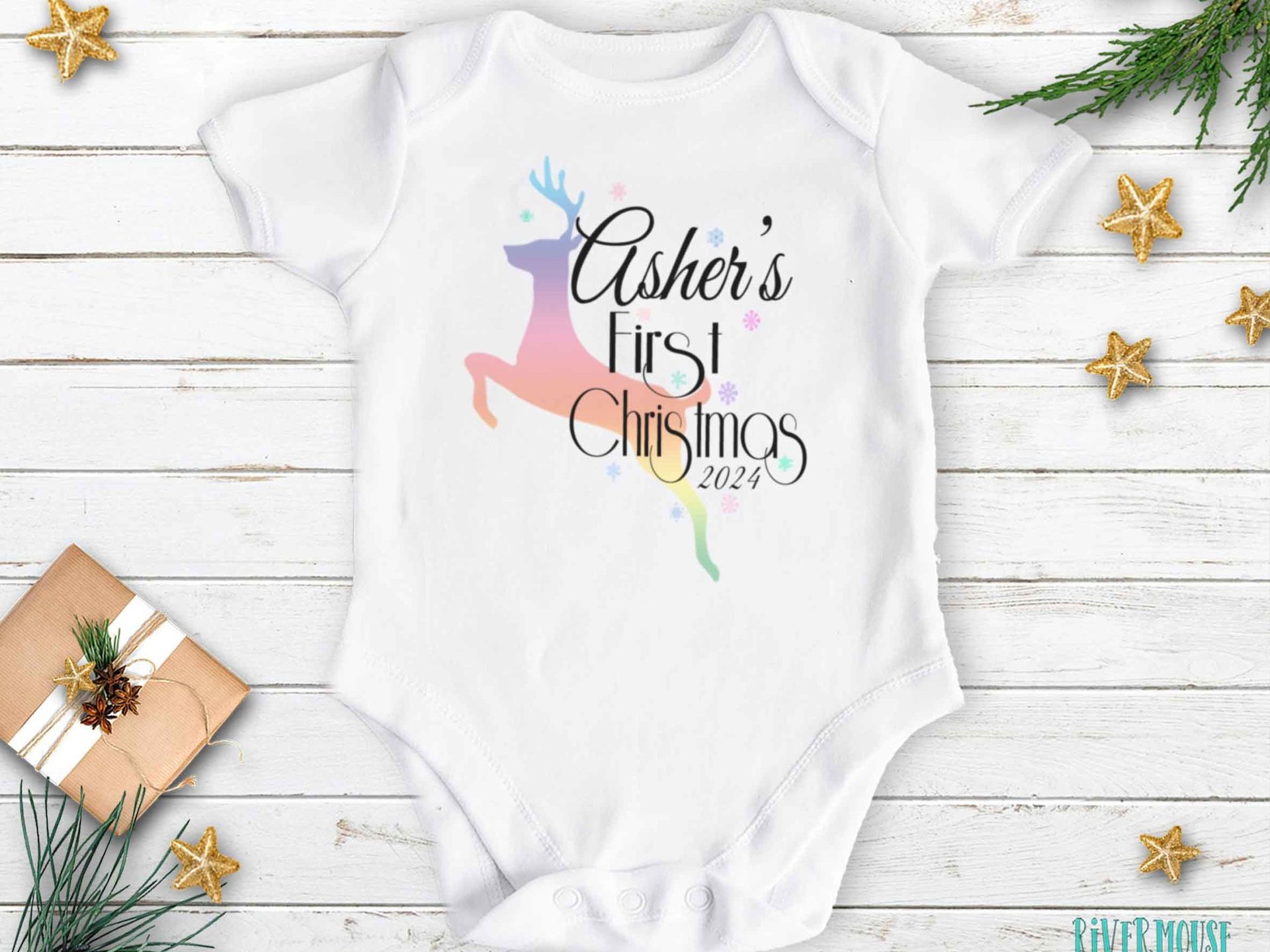 Baby's first Christmas personalised reindeer romper 2024