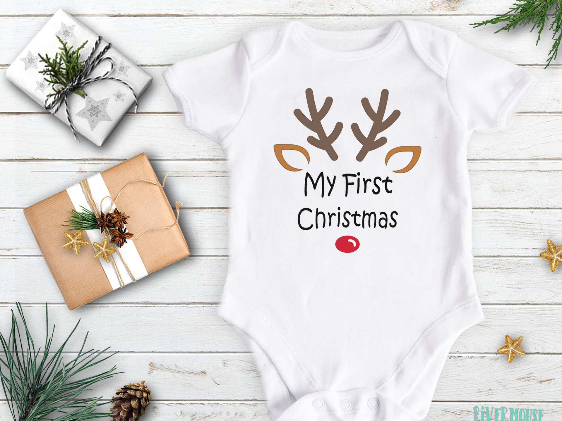 Personalised First Christmas Rudolf Reindeer Baby Bodysuit